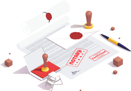 Illustration of signing a document on a desk with a pen, representing professional notary public services at NotaryPro.