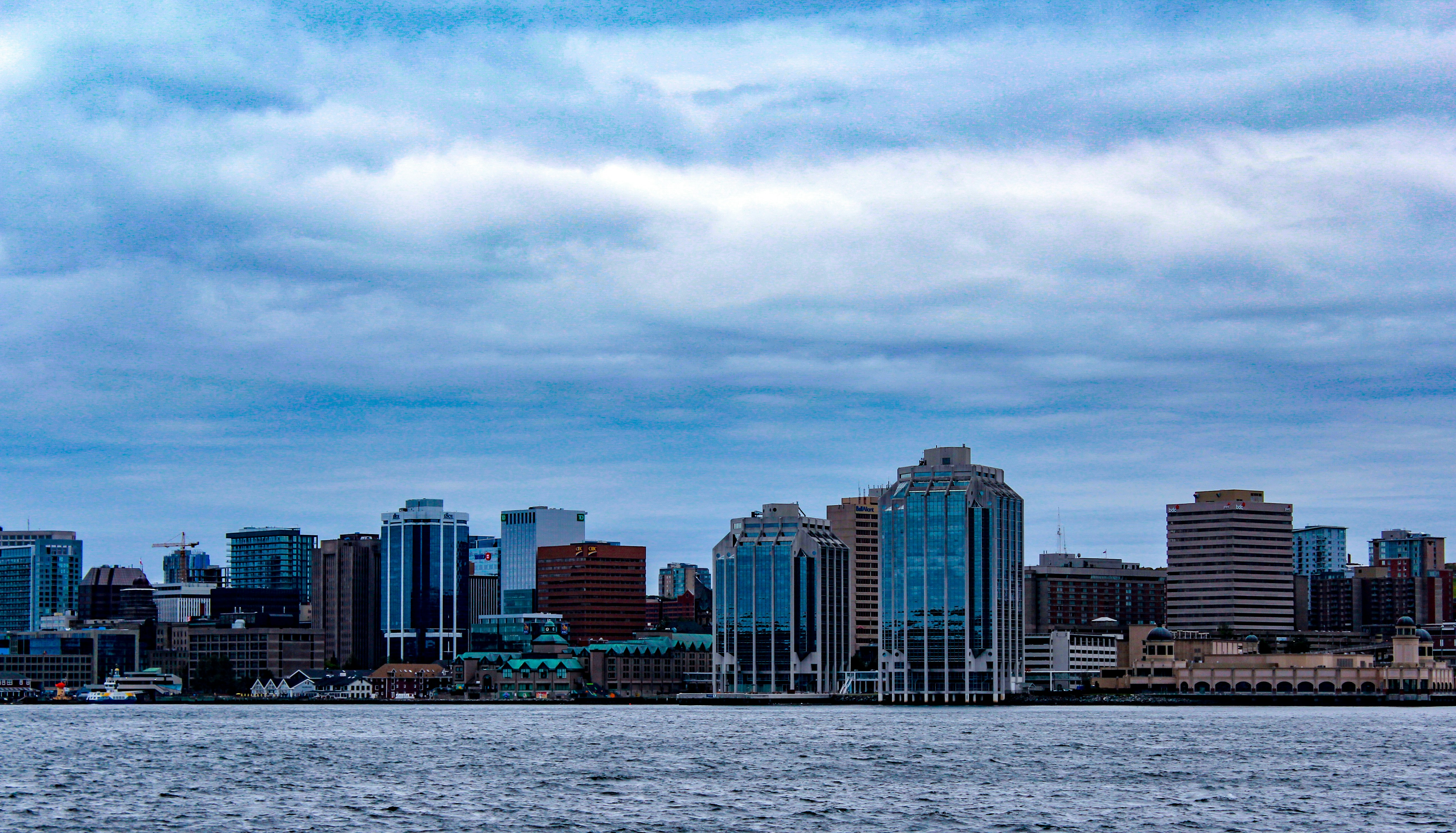 Glass buildings lined up in front of a body of water in Halifax. There is a blue sky in the background.