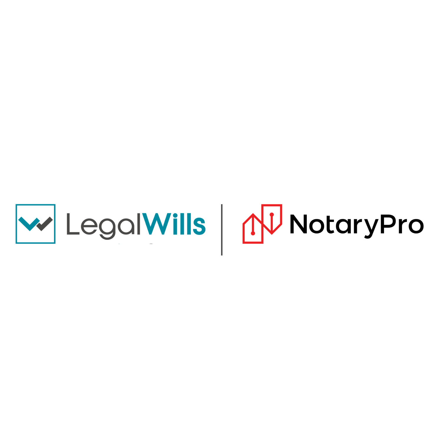 LegalWills' blue and grey logo next to NotaryPro's red and black logo.