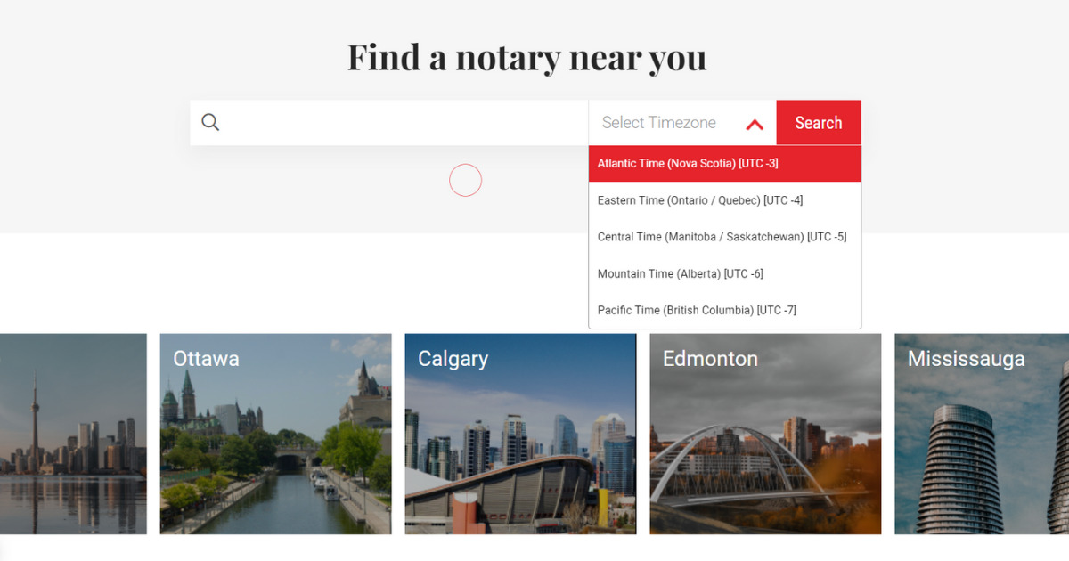 Screenshot of NotaryPro's "Find a Notary" page that reads "find a notary near you" with availability in the Canadian cities of Toronto, Ottawa, Calgary, Mississauga, and Edmonton shown.