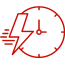 Red icon of an analog clock with a lightning bolt to the right of it.