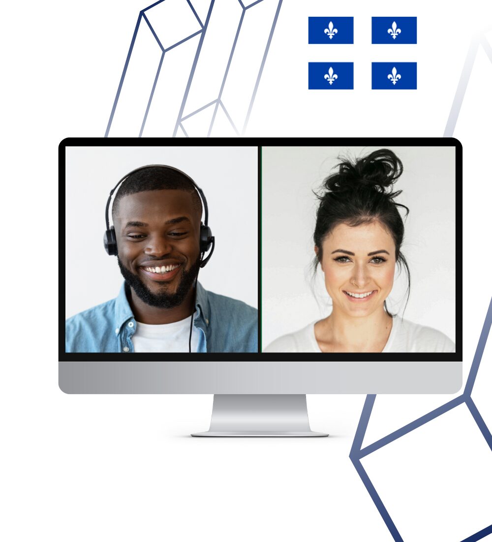 An image of a young Black man and a young Caucasian woman on a video call.