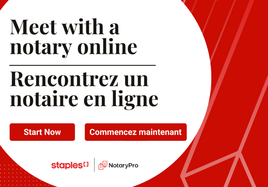 Red "Meet with a Notary Online" graphic in English and French, with Staples and NotaryPro's logo